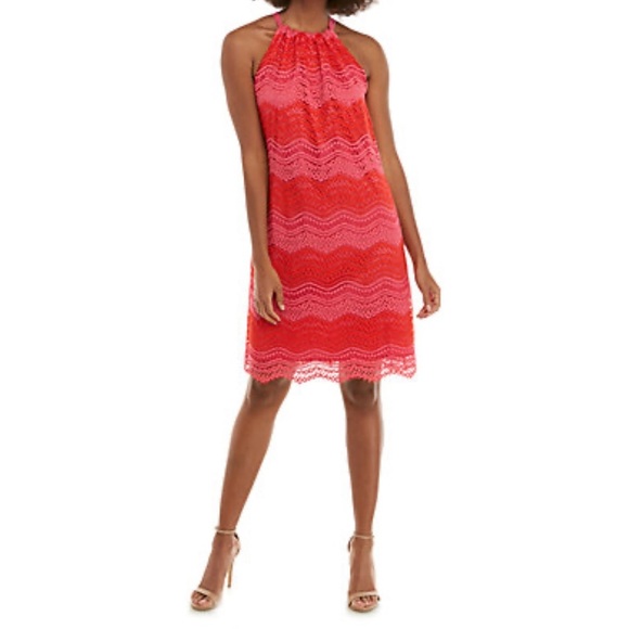 Trina Turk Dresses & Skirts - NWT Trina Turk pink, red chevron lace retreat dress halter size XS Barbiecore